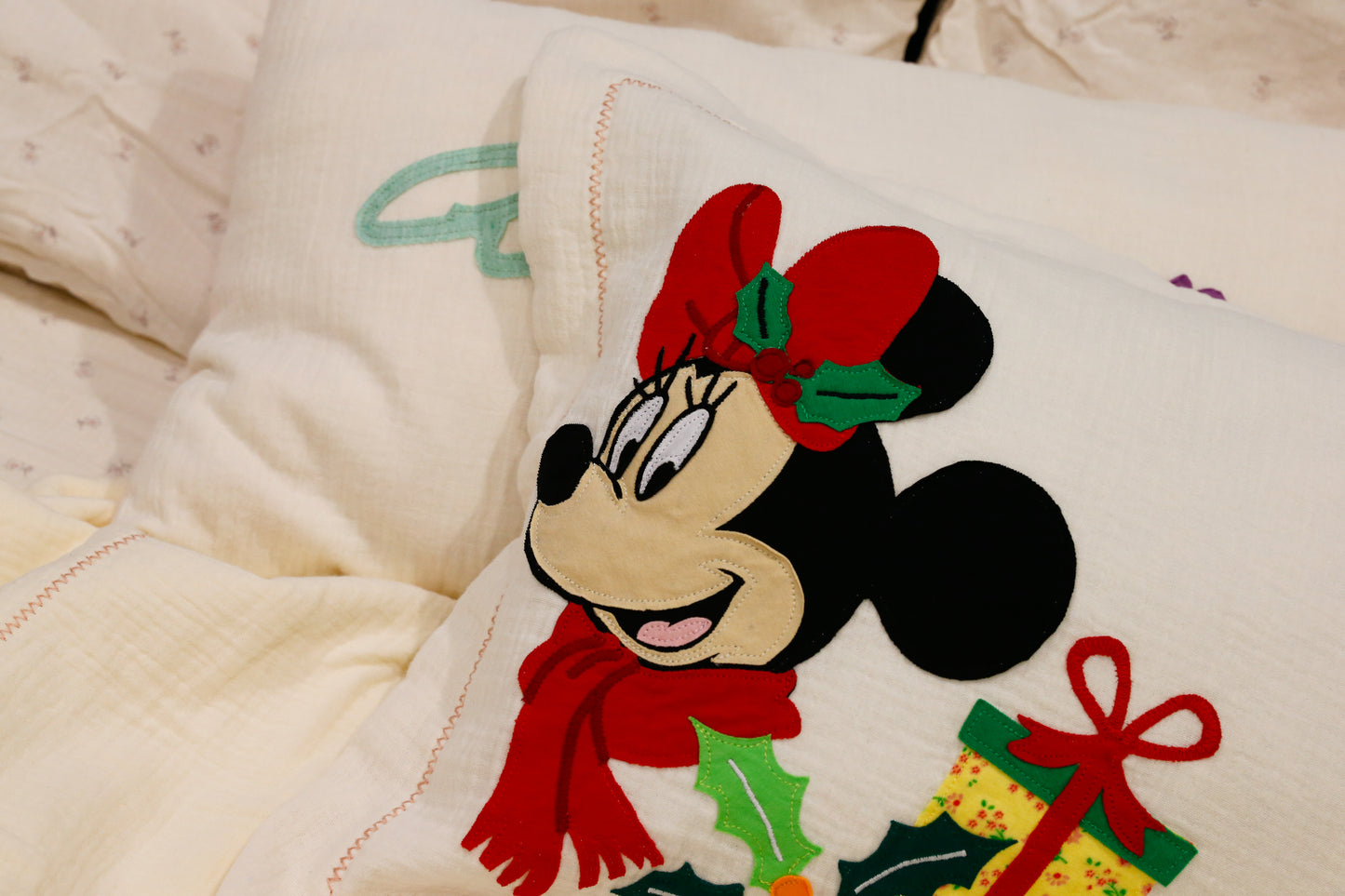 Custom Name Muslin Pillowcase - 4-Layer, Handmade with Applique Cartoon Characters