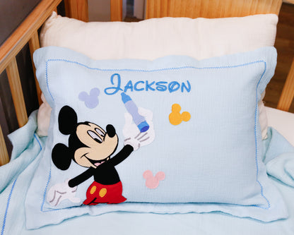 Custom Name Muslin Pillowcase - 4-Layer, Handmade with Applique Cartoon Characters