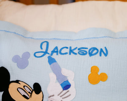 Custom Name Muslin Pillowcase - 4-Layer, Handmade with Applique Cartoon Characters