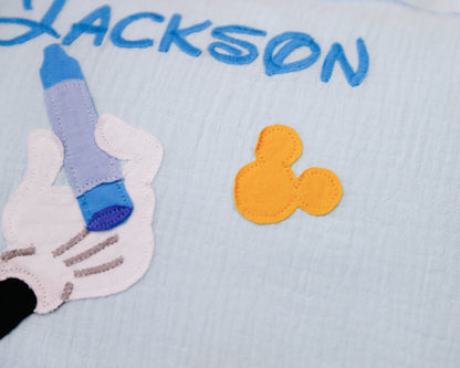 Custom Name Muslin Pillowcase - 4-Layer, Handmade with Applique Cartoon Characters