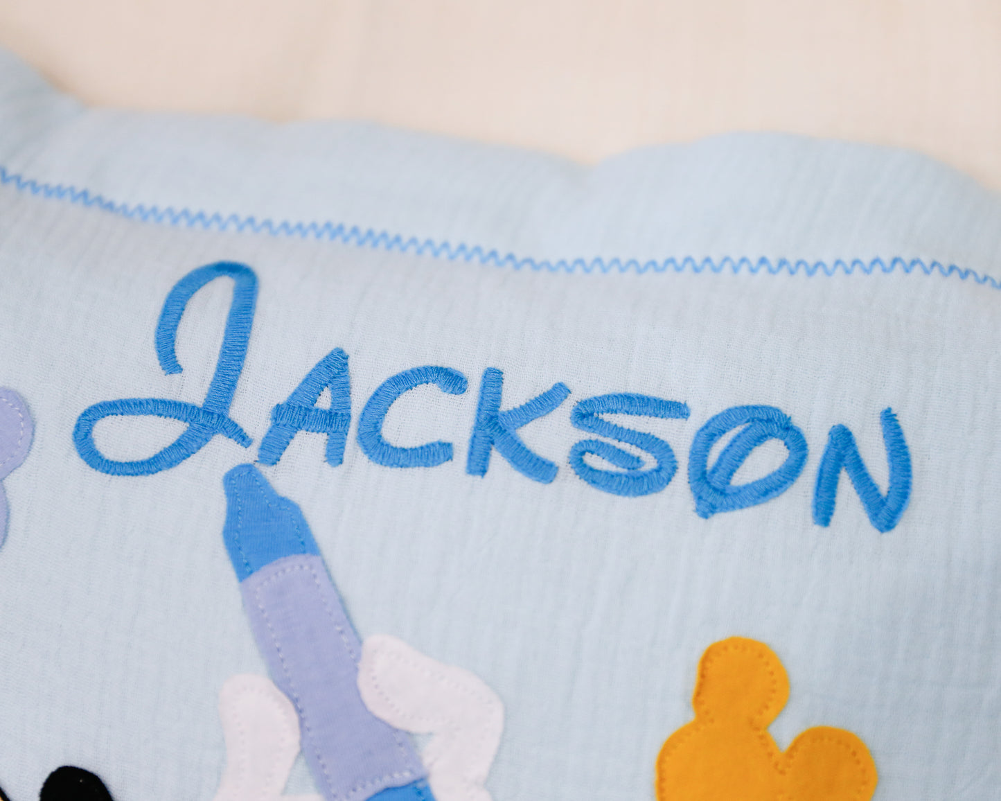 Custom Name Muslin Pillowcase - 4-Layer, Handmade with Applique Cartoon Characters