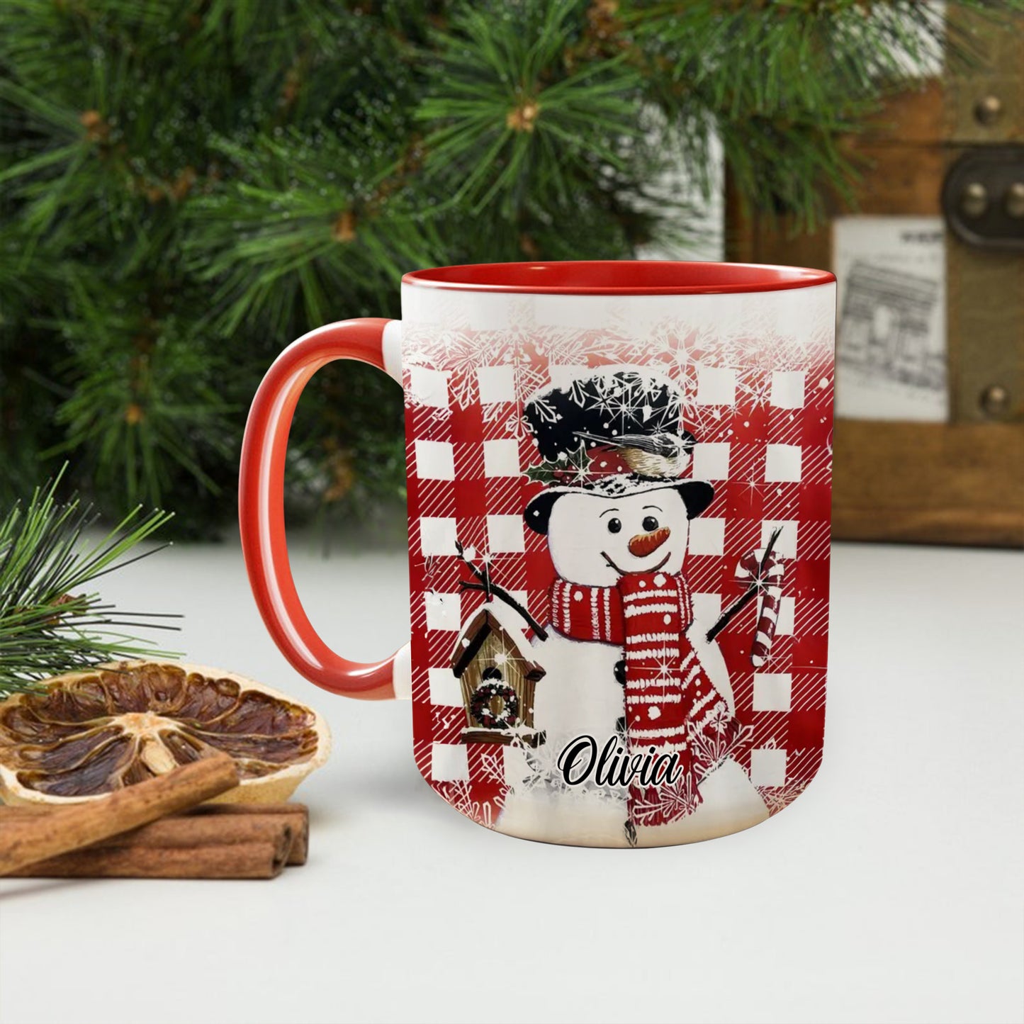 Custom Name Cute Snowman Cross Pattern Christmas Accent Mug