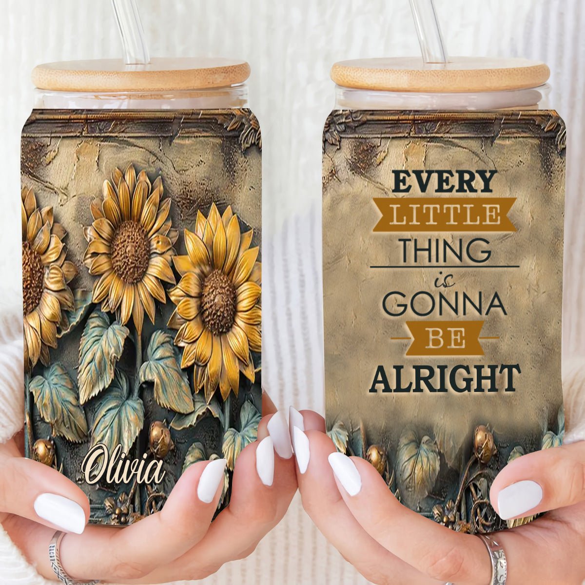 Sunflower Every Little Thing Is Gonna Be Alright Personalized 16Oz Glass Tumbler