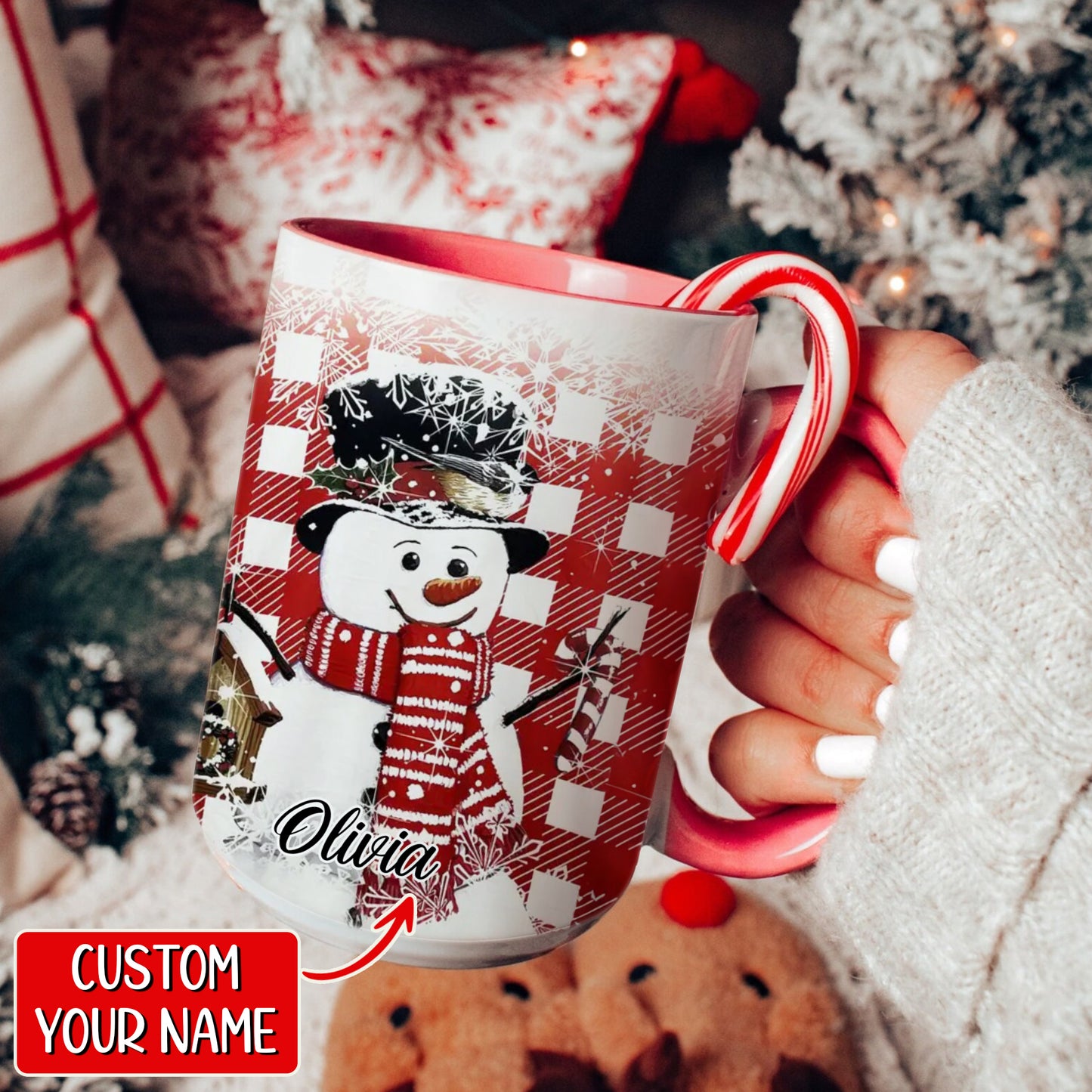 Custom Name Cute Snowman Cross Pattern Christmas Accent Mug