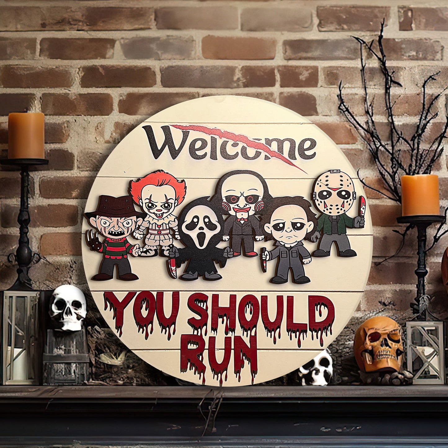 Welcome You Should Run Horror Characters 2 Layered Door Hanger Sign