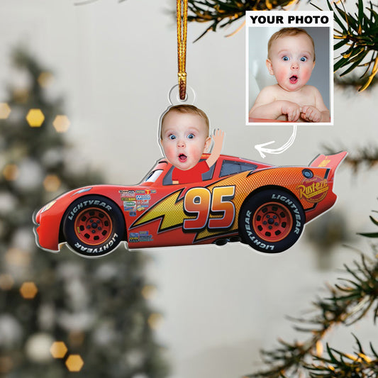 Custom Baby Face Funny McQueen Driver Christmas Ornament