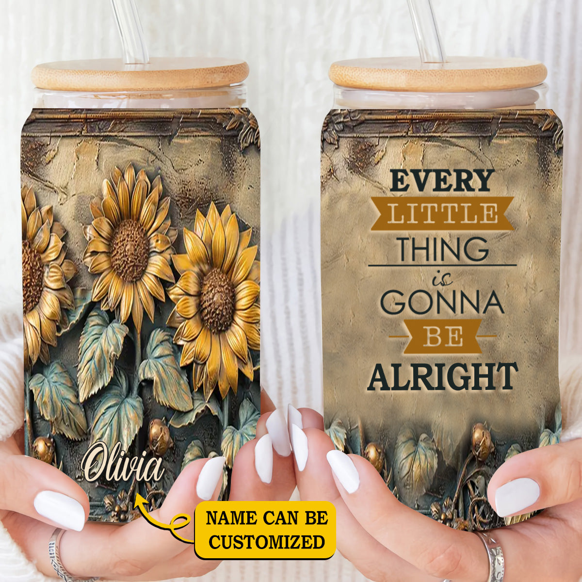 Sunflower Every Little Thing Is Gonna Be Alright Personalized 16Oz Glass Tumbler