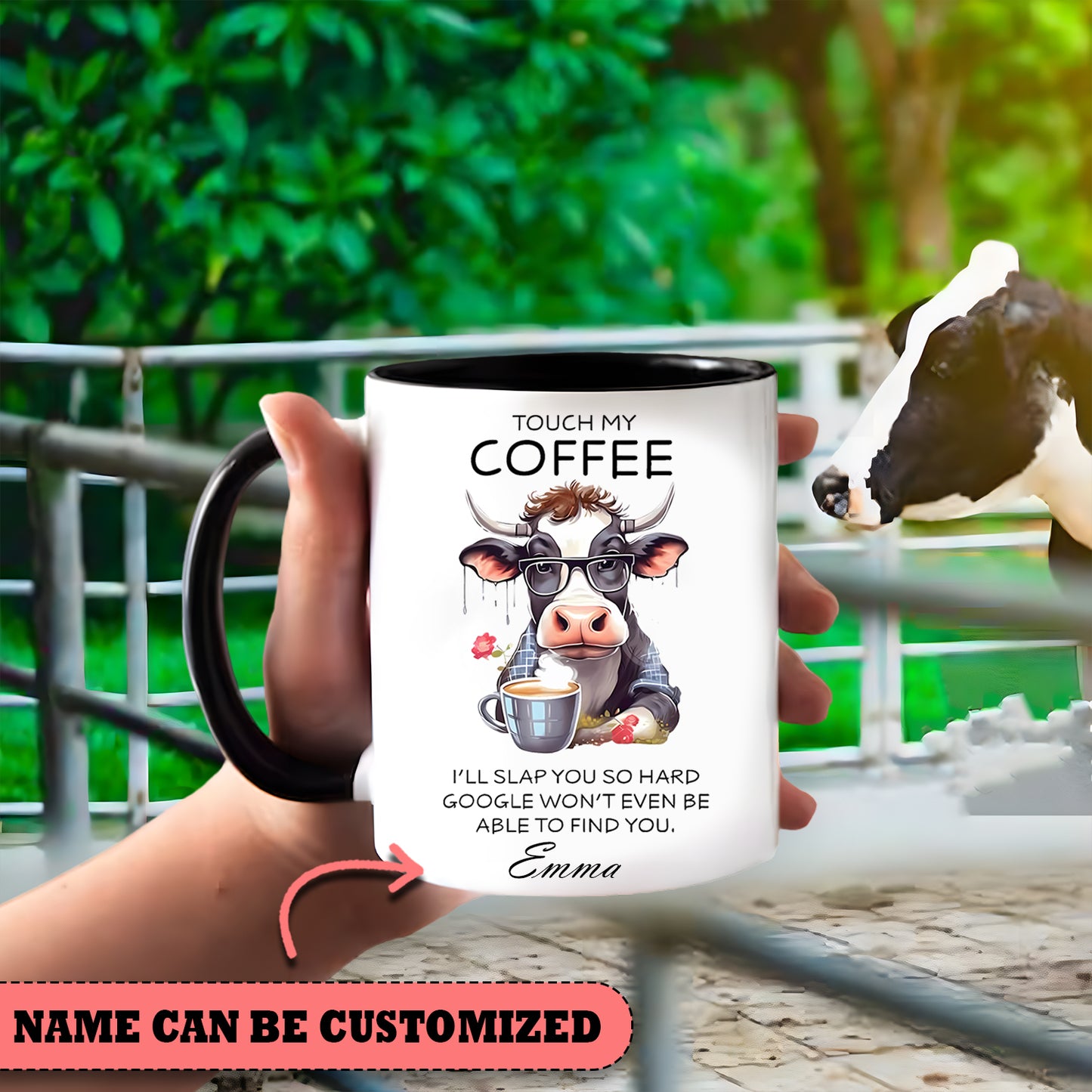 Funny Cow Touch My Coffee Personalized Accent Mug