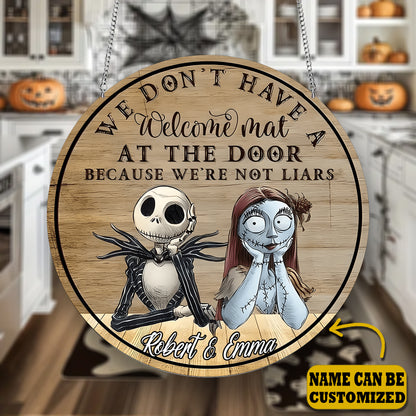 Jack & Sally We Dont' Have A Welcome Mat 2 Layered Personalized Door Hanger Sign