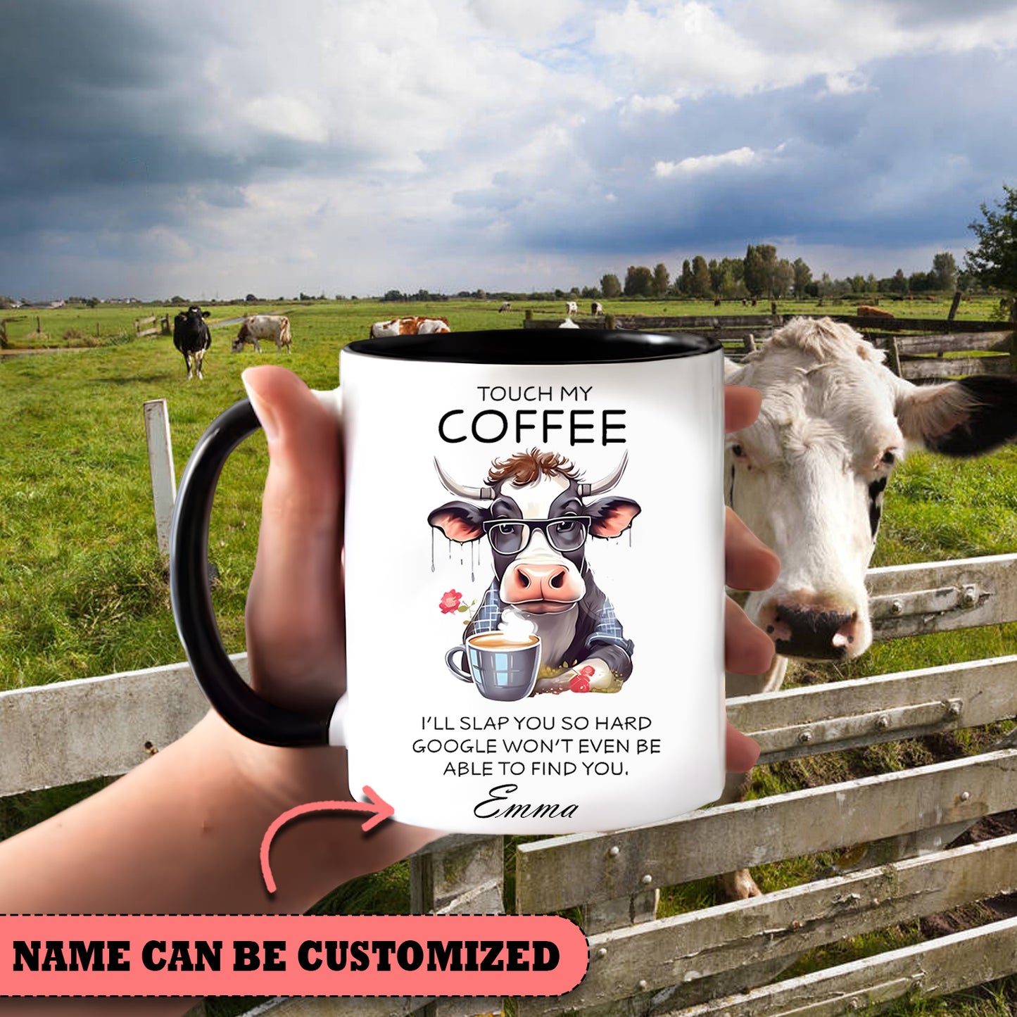 Funny Cow Touch My Coffee Personalized Accent Mug