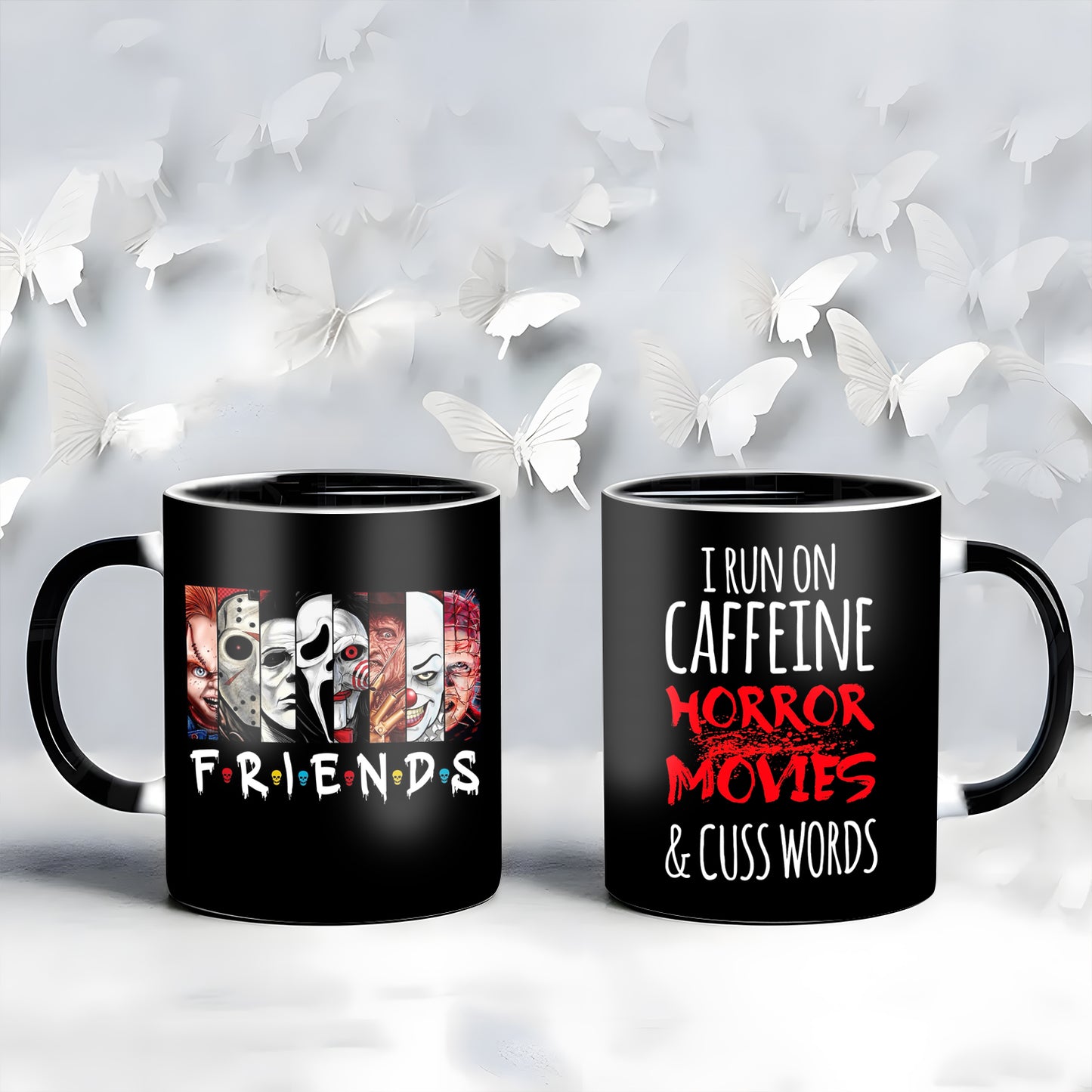 Horror Character I Run On Caffein Horror Movies & Cuss Words Black Mug