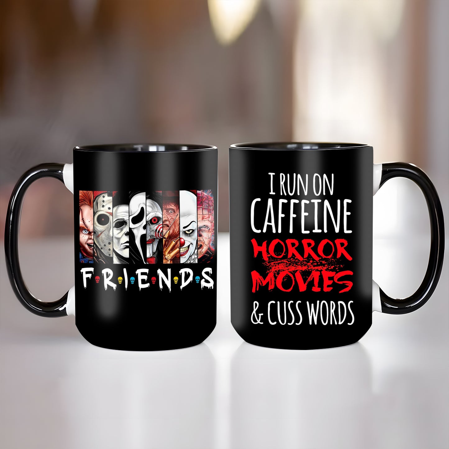 Horror Character I Run On Caffein Horror Movies & Cuss Words Black Mug