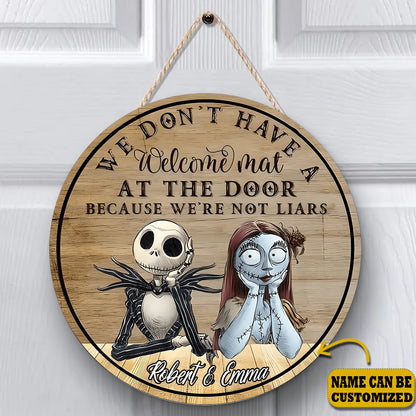 Jack & Sally We Dont' Have A Welcome Mat 2 Layered Personalized Door Hanger Sign