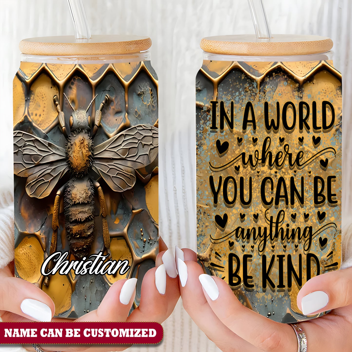 Bee Be Kind Personalized 16Oz Glass Tumbler