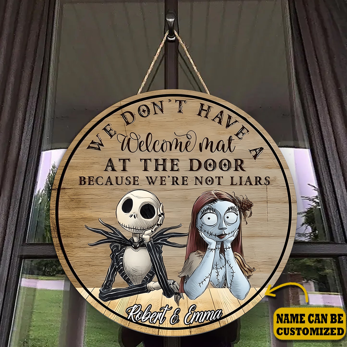 Jack & Sally We Dont' Have A Welcome Mat 2 Layered Personalized Door Hanger Sign