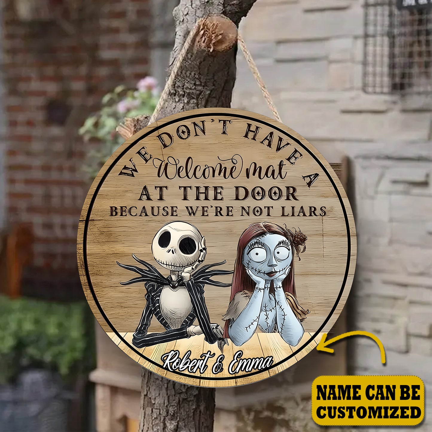 Jack & Sally We Dont' Have A Welcome Mat 2 Layered Personalized Door Hanger Sign