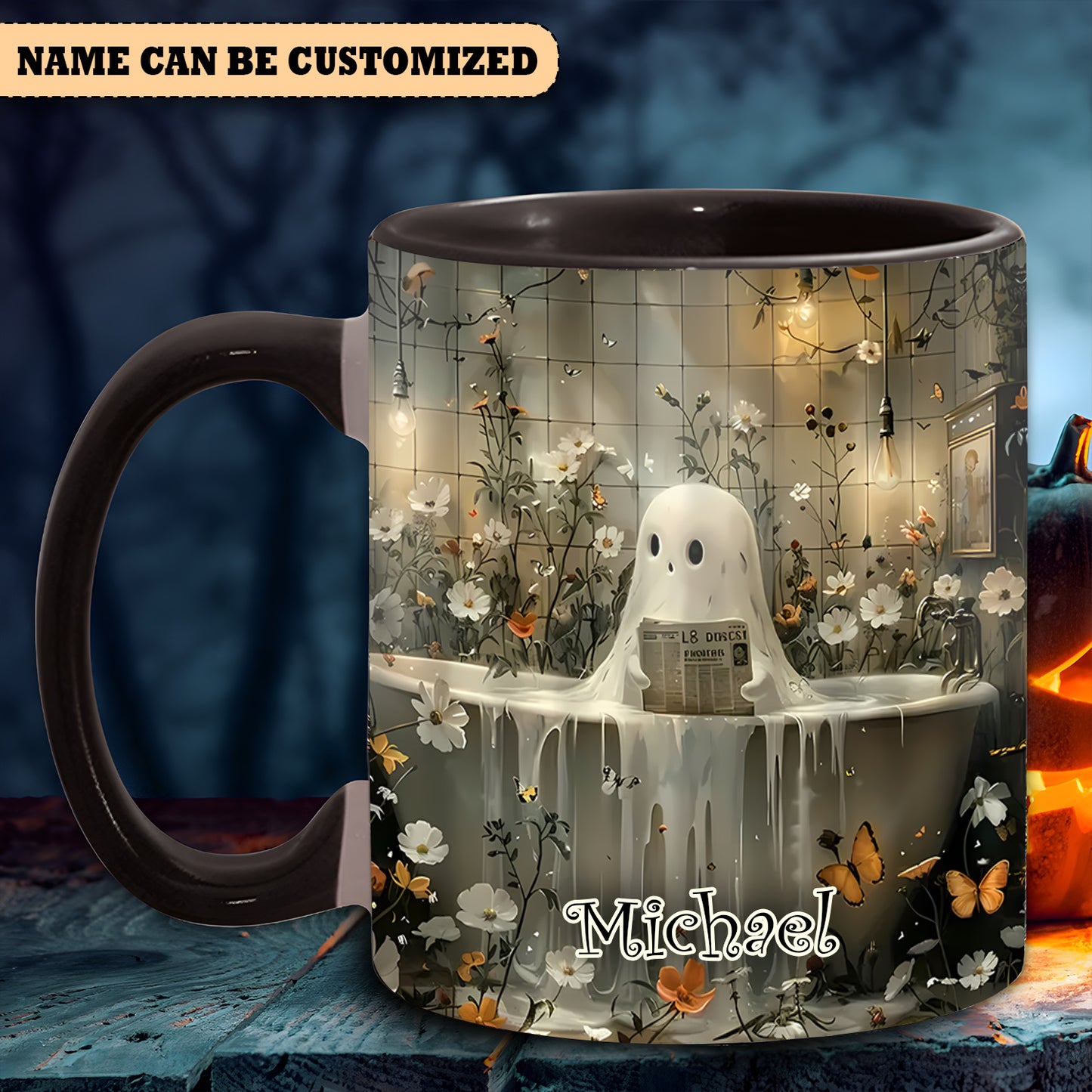 Cute Ghost Reading Book Personalized Accent Mug