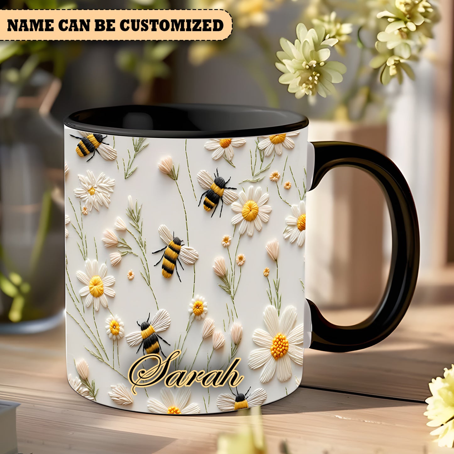 Beautiful Floral & Bee Personalized Accent Mug