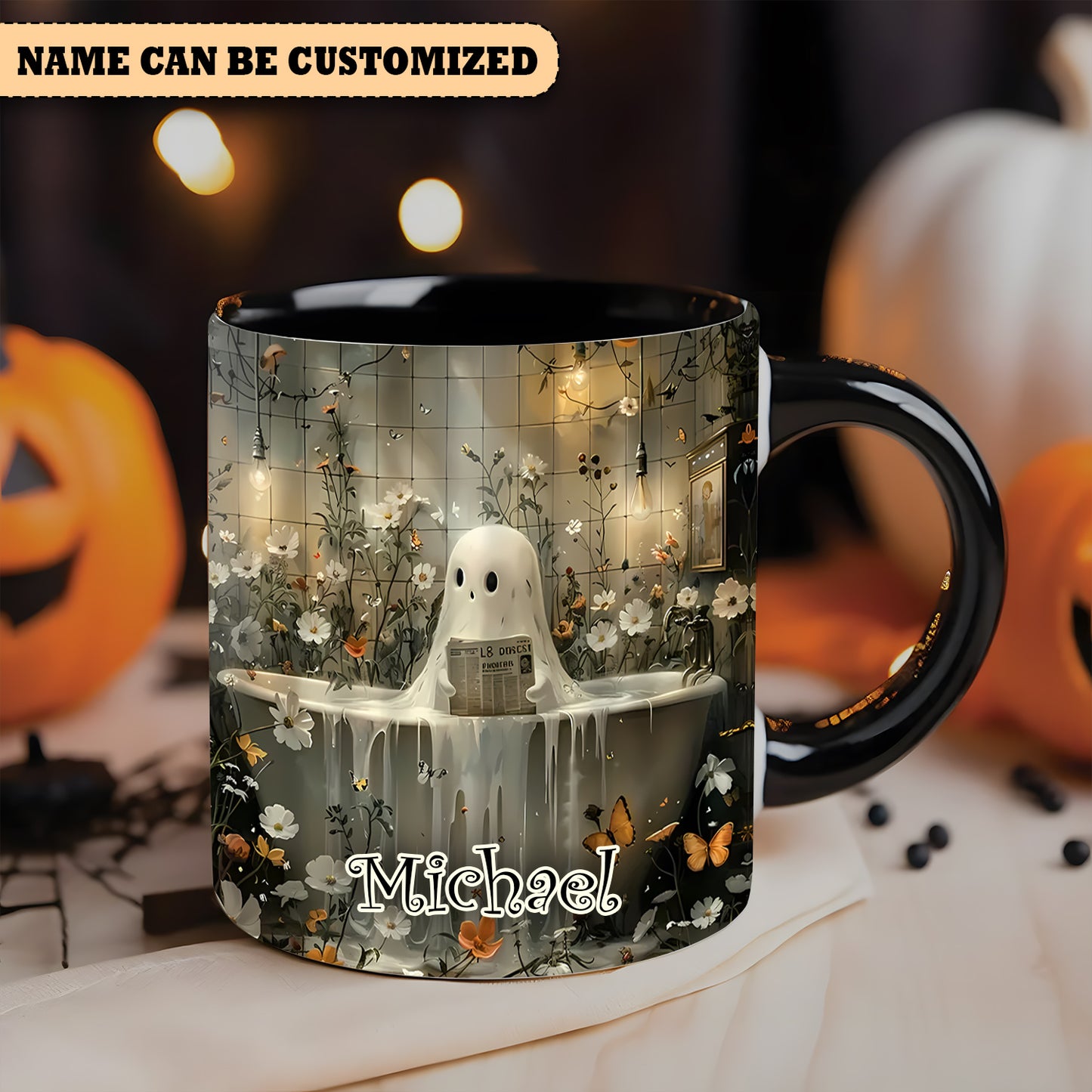 Cute Ghost Reading Book Personalized Accent Mug