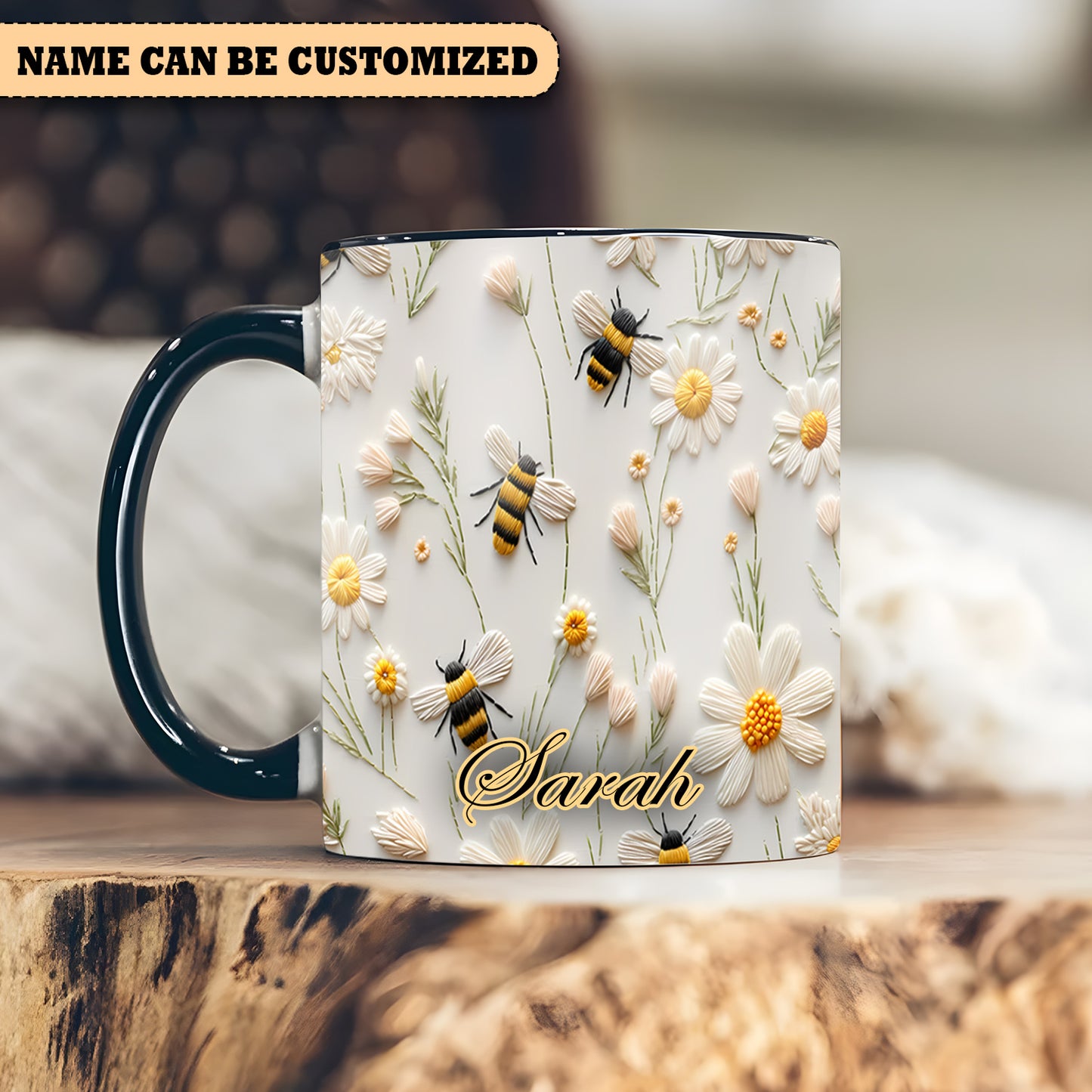 Beautiful Floral & Bee Personalized Accent Mug