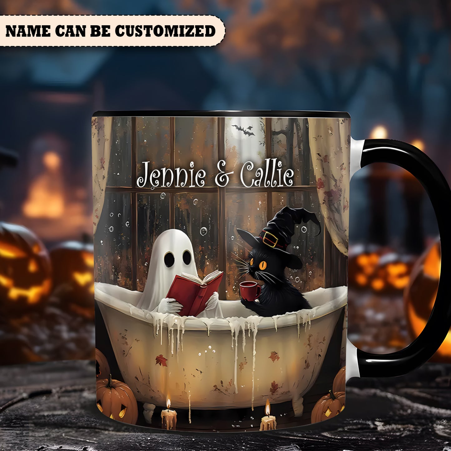 Cute Ghost & Black Cat Personalized Halloween Accent Mug