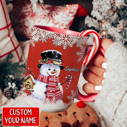 Custom Name Cute Snowman Red Pattern Christmas Accent Mug