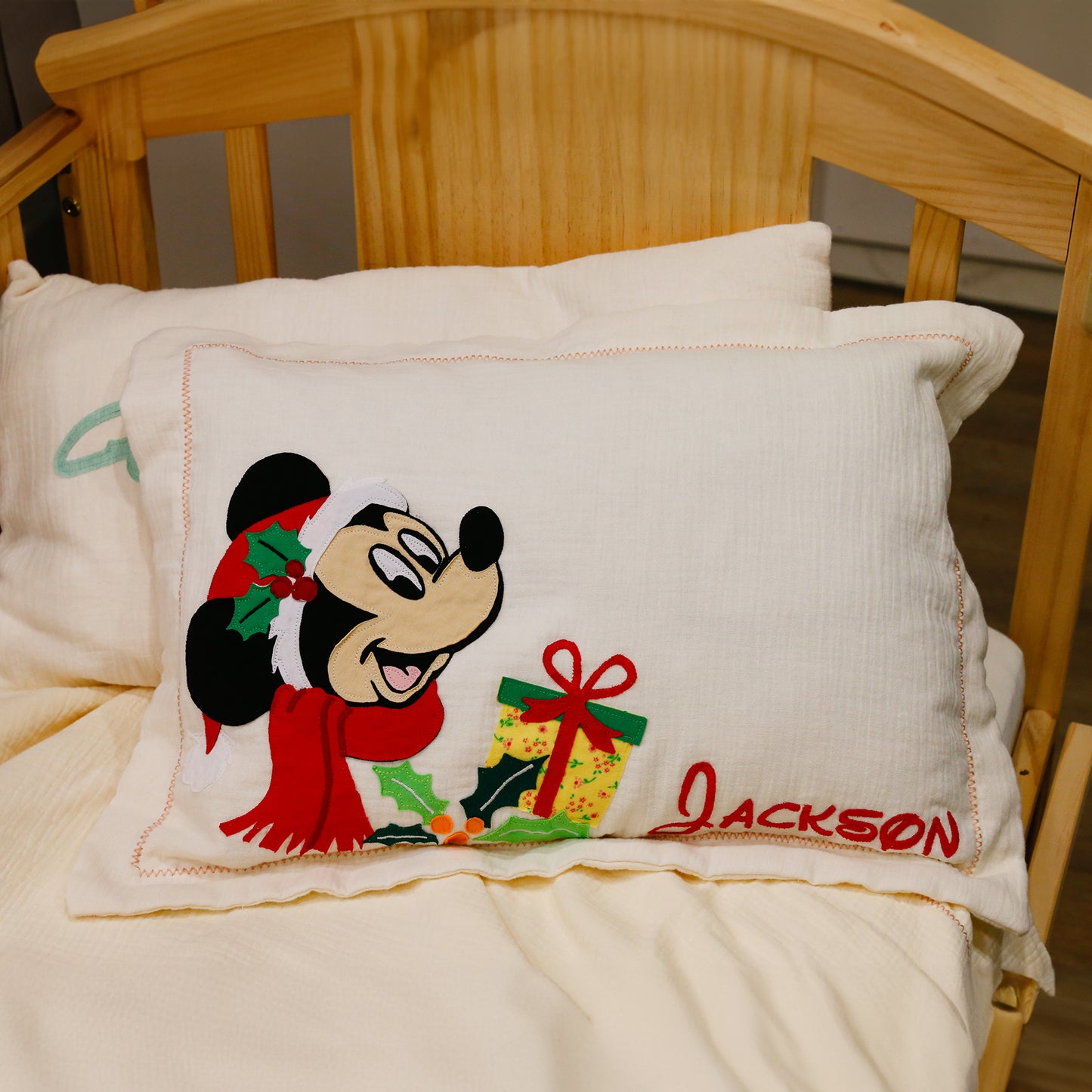 Custom Name Muslin Pillowcase - 4-Layer, Handmade with Applique Cartoon Characters