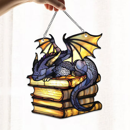 Book Dragon Acrylic Ornament, Fantasy Dragon Acrylic Window Hanging,