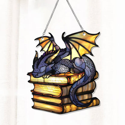 Book Dragon Acrylic Ornament, Fantasy Dragon Acrylic Window Hanging,