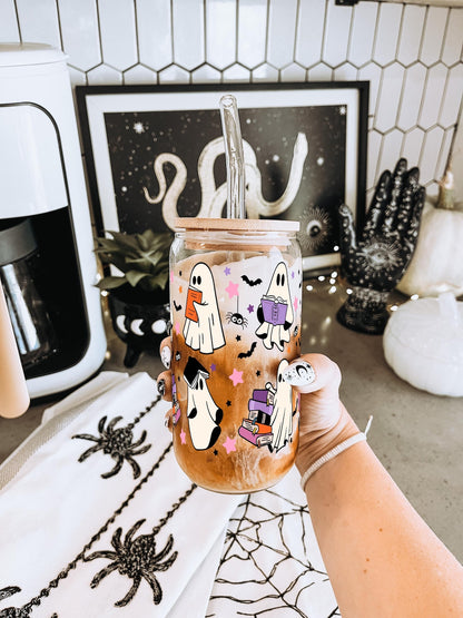 Ghost Reading Halloween Cute Glass Cup with Lid and Straw