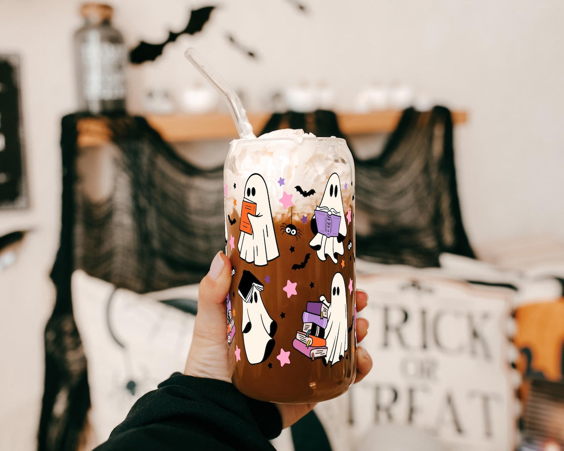 Ghost Reading Halloween Cute Glass Cup with Lid and Straw