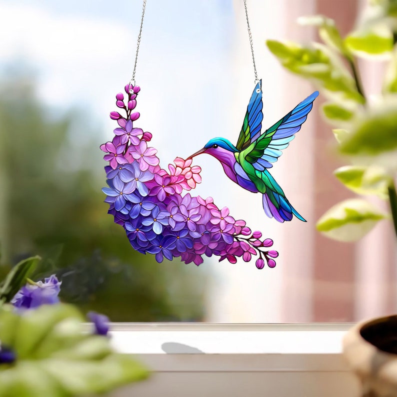 Hummingbird Birds Flower Colorful Acrylic Window Hanging, Bird lovers gift, Bird Nerds, Gift For Her