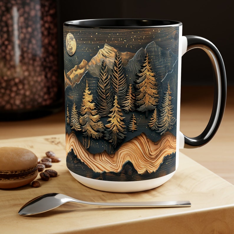 Mountain And Trees Wood Panel Effect Accent Mug