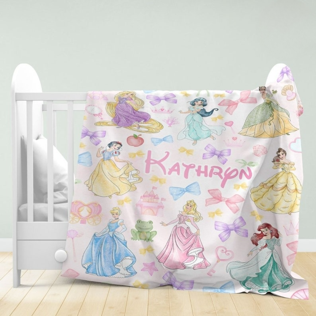 Personalized Watercolor Coquette Bows Disney Princess Blanket