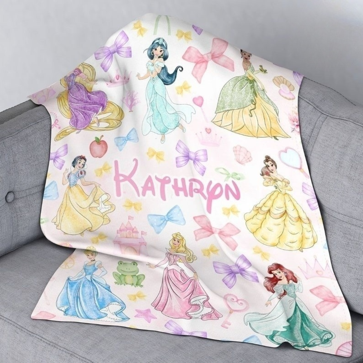 Personalized Watercolor Coquette Bows Disney Princess Blanket