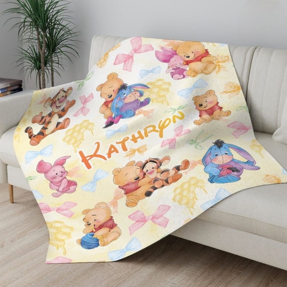 Personalized Watercolor Coquette Bows Disney Winnie The Pooh Blanket