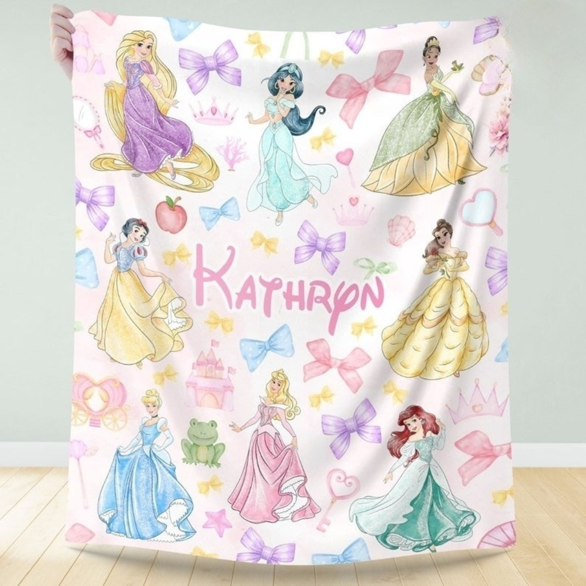 Personalized Watercolor Coquette Bows Disney Princess Blanket