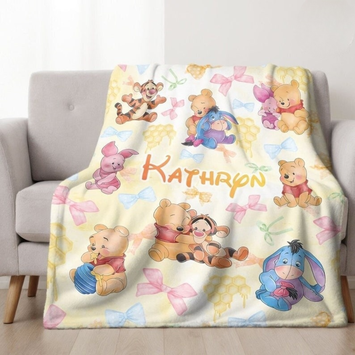 Personalized Watercolor Coquette Bows Disney Winnie The Pooh Blanket