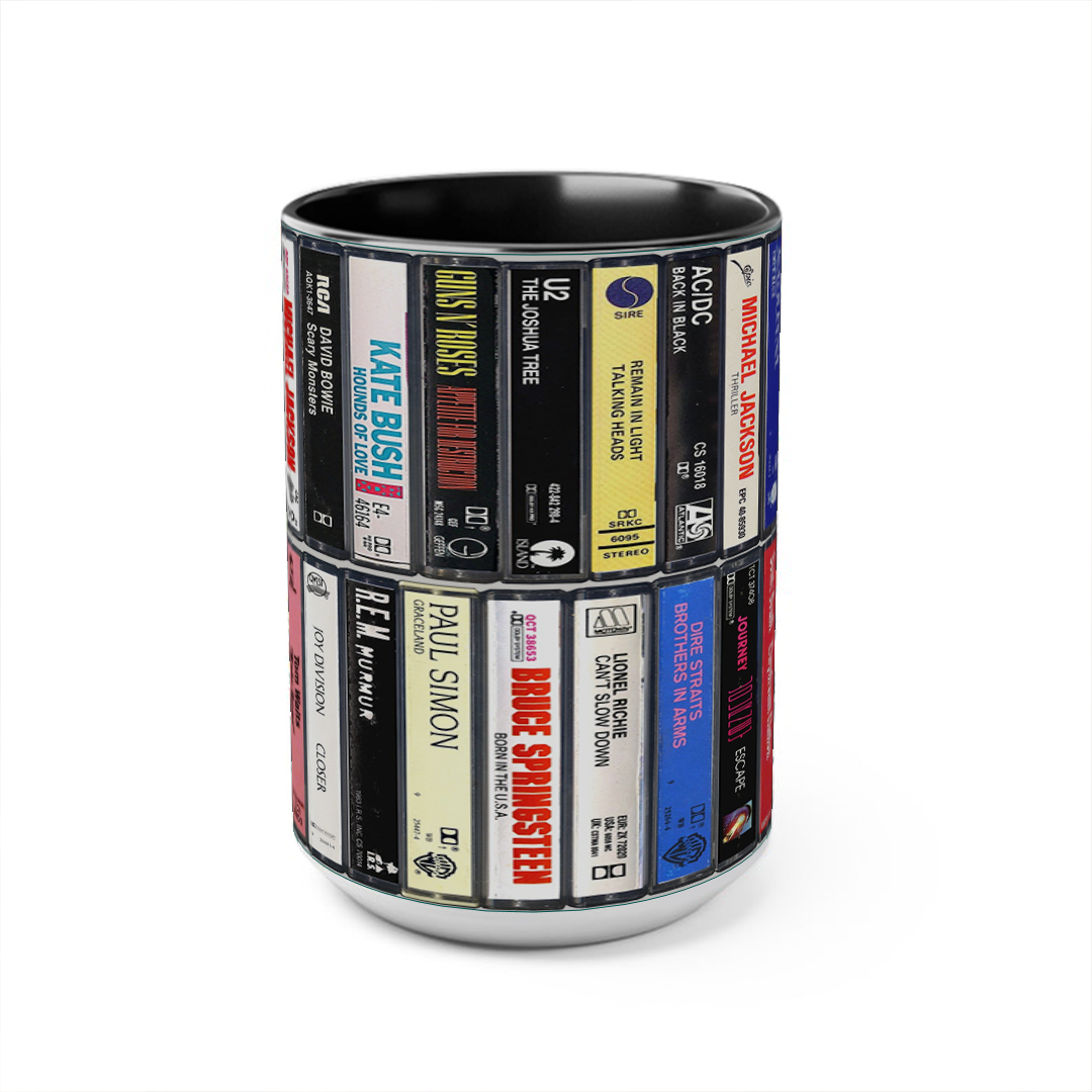 80s Music Albums Cassette Collection Retro Accent Edge-to-Edge Printed Mug