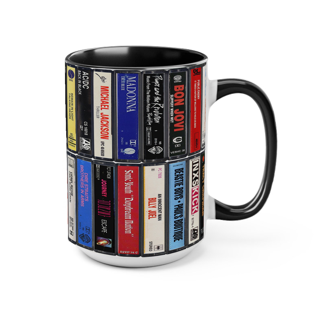 80s Music Albums Cassette Collection Retro Accent Edge-to-Edge Printed Mug