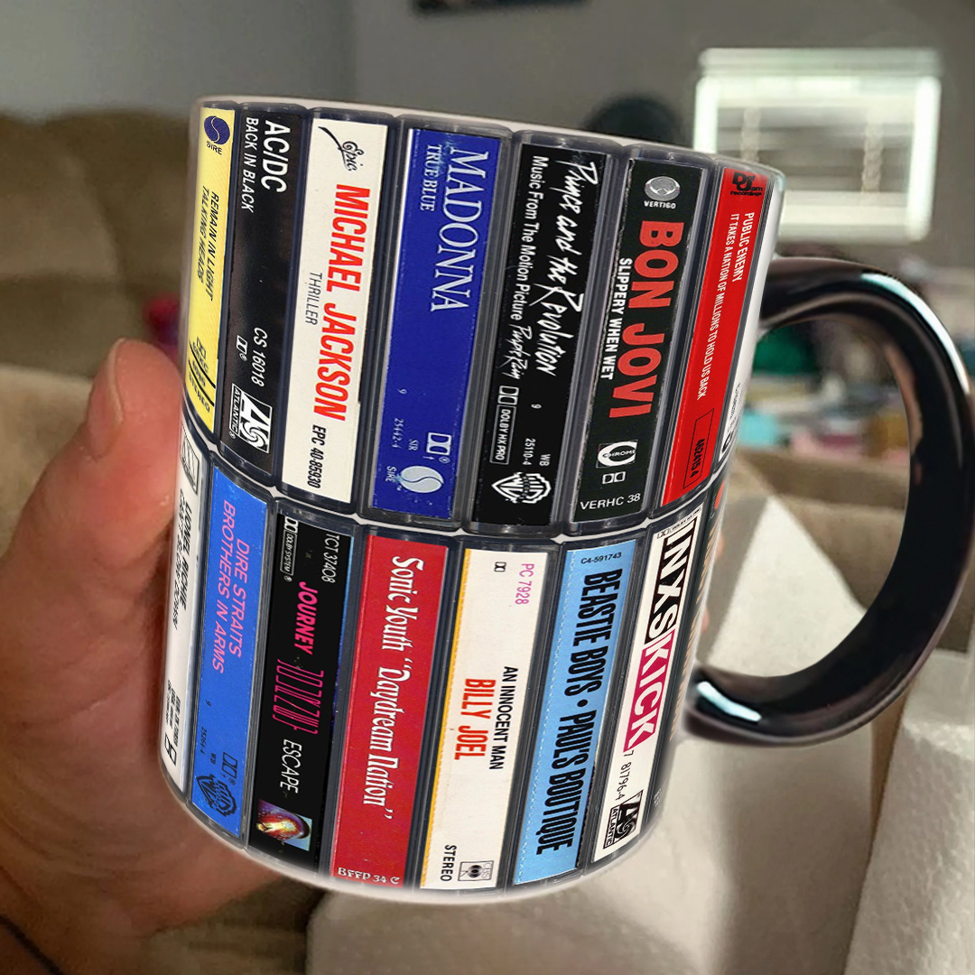 80s Music Albums Cassette Collection Retro Accent Edge-to-Edge Printed Mug