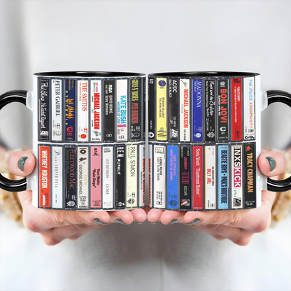 80s Music Albums Cassette Collection Retro Accent Edge-to-Edge Printed Mug