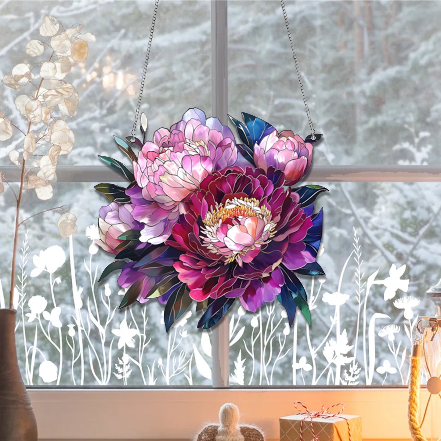 Peonies flowers Acrylic Window Decor, Flowers Acrylic Window Hanging Art Decoration