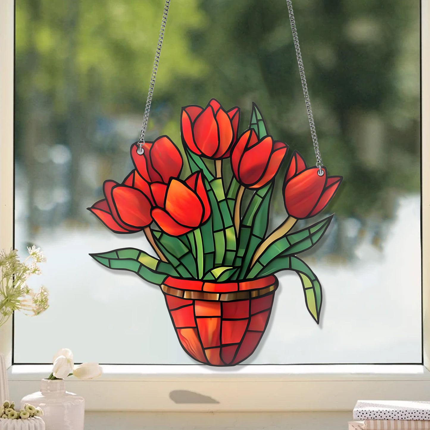 Red Rose Flower Garden Acrylic Window Hanging, Flower Home Decor, Flower Kitchen Decor, Flower Lover Gift, Hippie Lover’s , Garden Decor