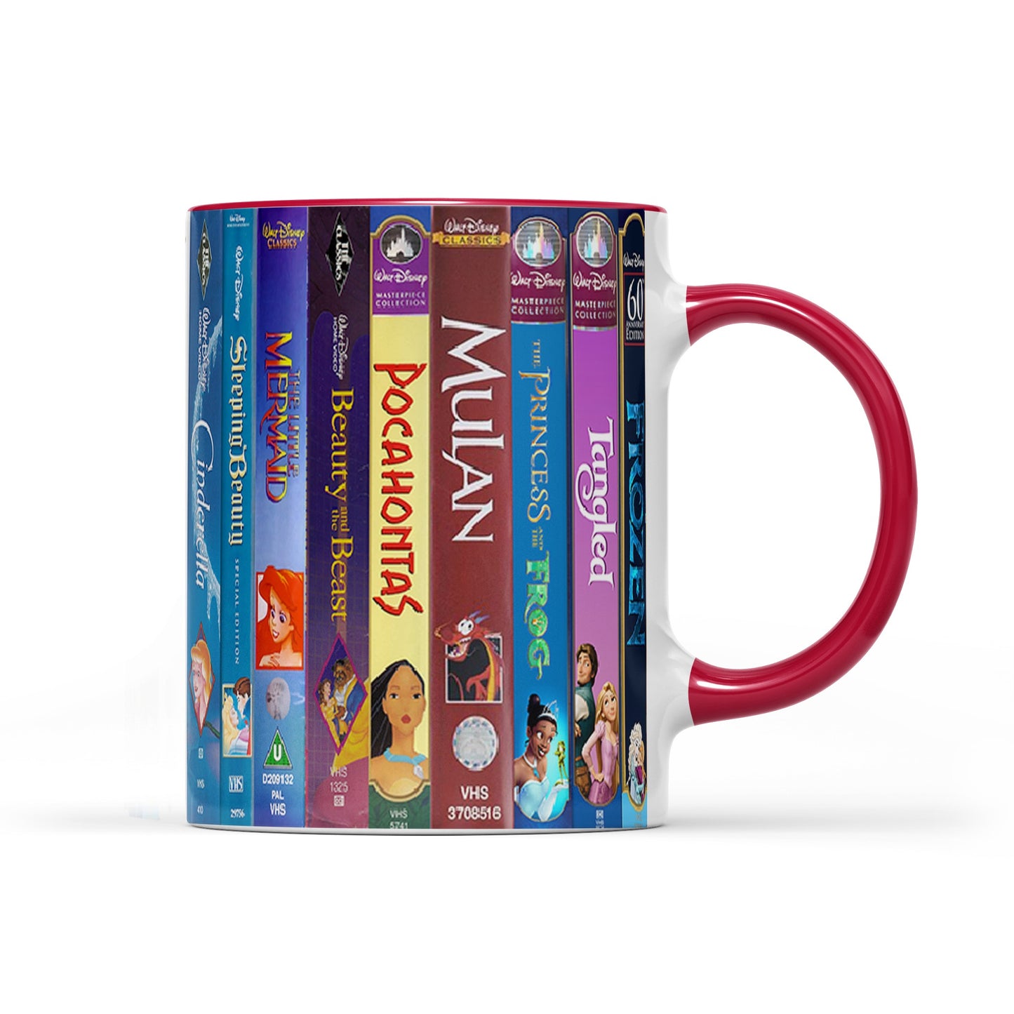Classic Childhood Cartoon VHS Tapes Collection Red Accent Mug